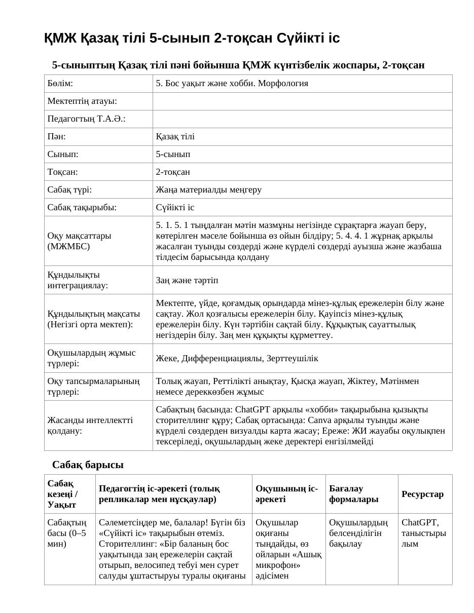ҚМЖ Қазақ тілі 5-сынып 2-тоқсан Сүйікті іс
