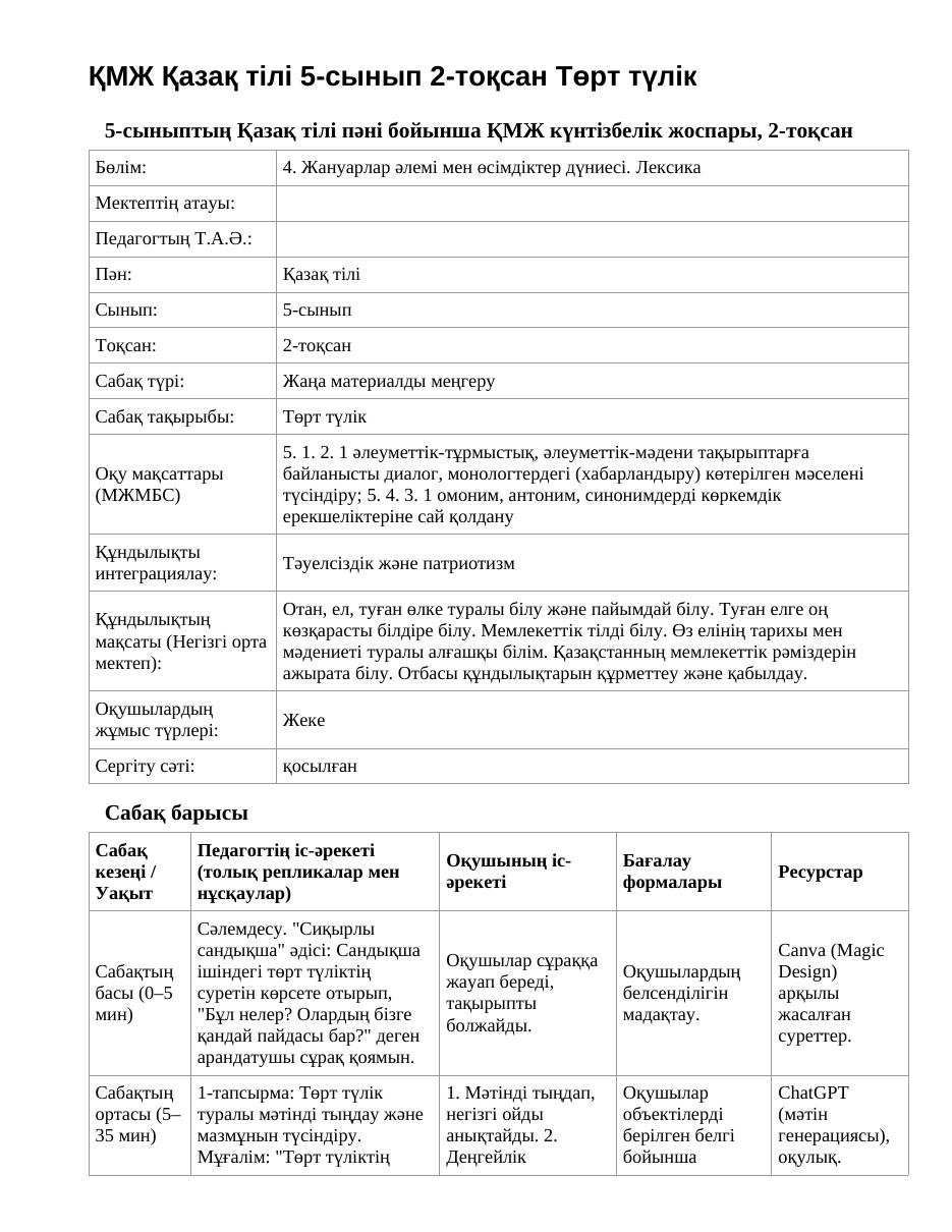 ҚМЖ Қазақ тілі 5-сынып 2-тоқсан Төрт түлік