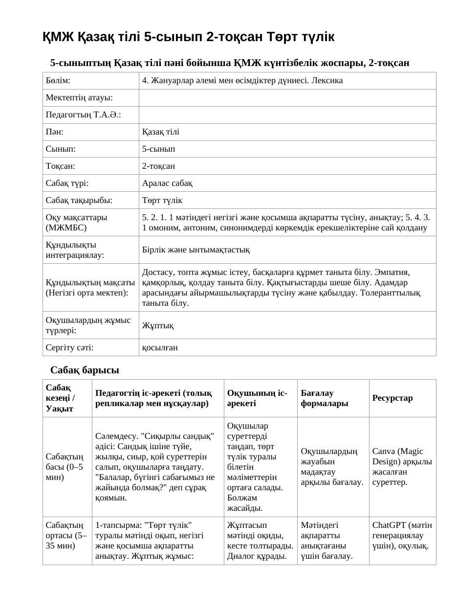 ҚМЖ Қазақ тілі 5-сынып 2-тоқсан Төрт түлік