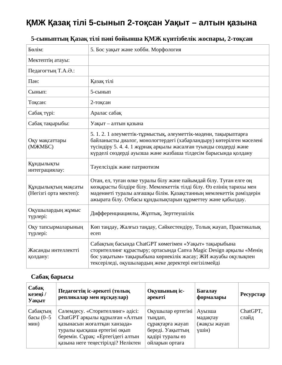 ҚМЖ Қазақ тілі 5-сынып 2-тоқсан Уақыт – алтын қазына