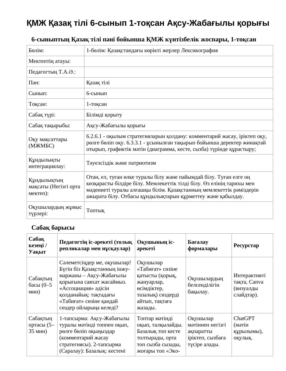 ҚМЖ Қазақ тілі 6-сынып 1-тоқсан Ақсу-Жабағылы қорығы