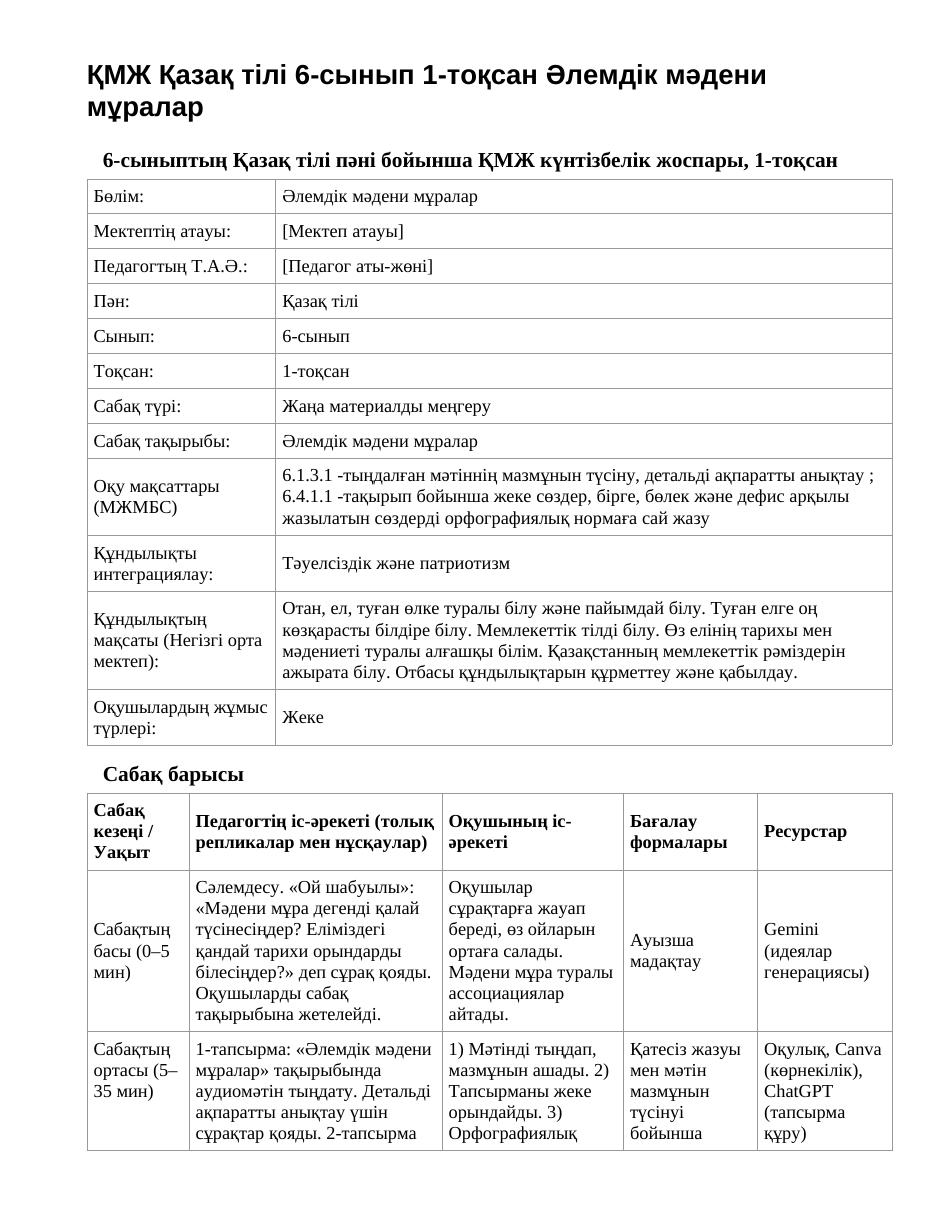 ҚМЖ Қазақ тілі 6-сынып 1-тоқсан Әлемдік мәдени мұралар