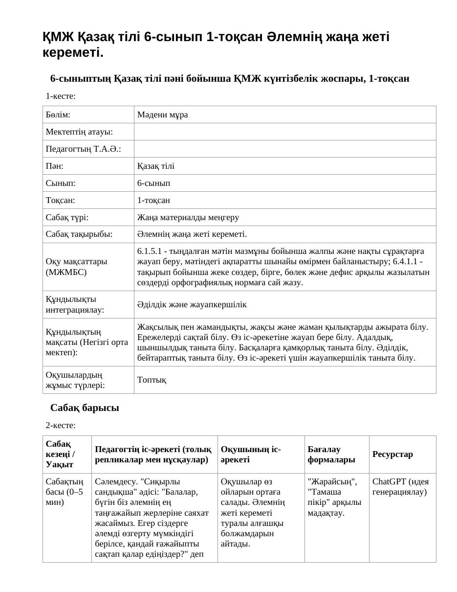 ҚМЖ Қазақ тілі 6-сынып 1-тоқсан Әлемнің жаңа жеті кереметі.