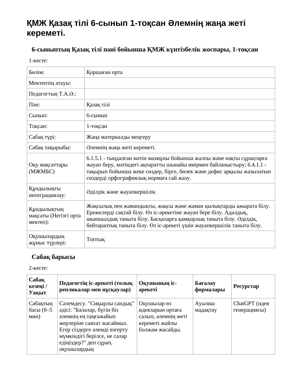 ҚМЖ Қазақ тілі 6-сынып 1-тоқсан Әлемнің жаңа жеті кереметі.
