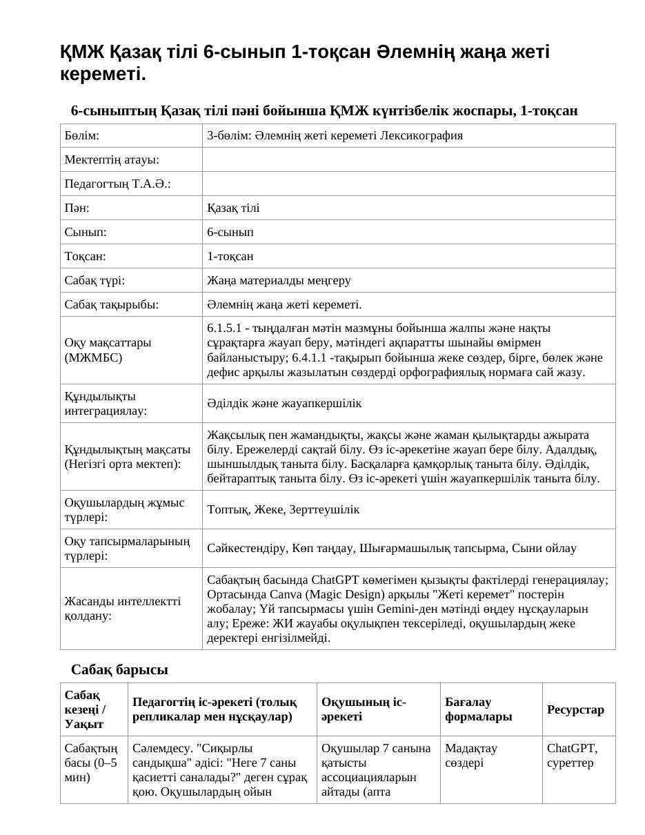 ҚМЖ Қазақ тілі 6-сынып 1-тоқсан Әлемнің жаңа жеті кереметі.