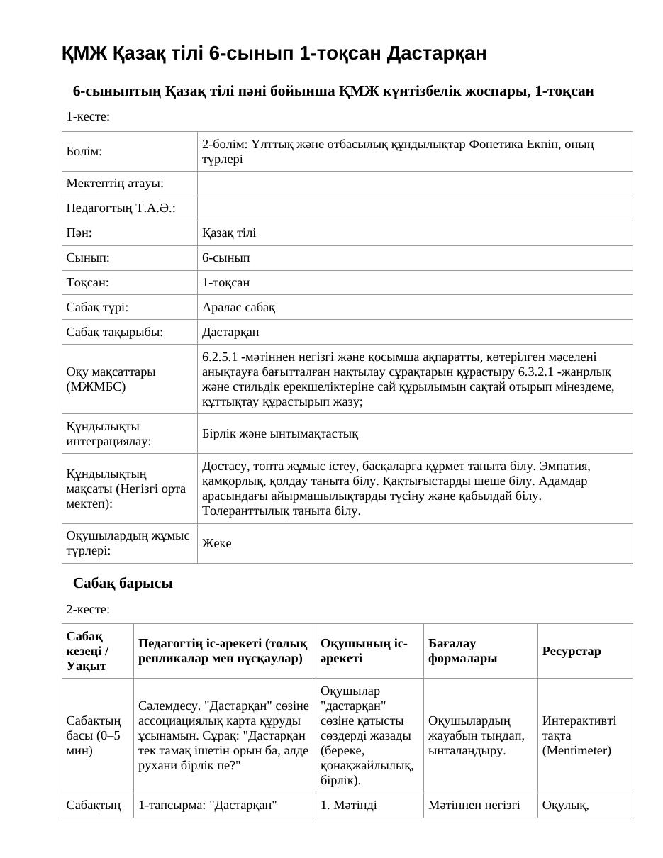 ҚМЖ Қазақ тілі 6-сынып 1-тоқсан Дастарқан