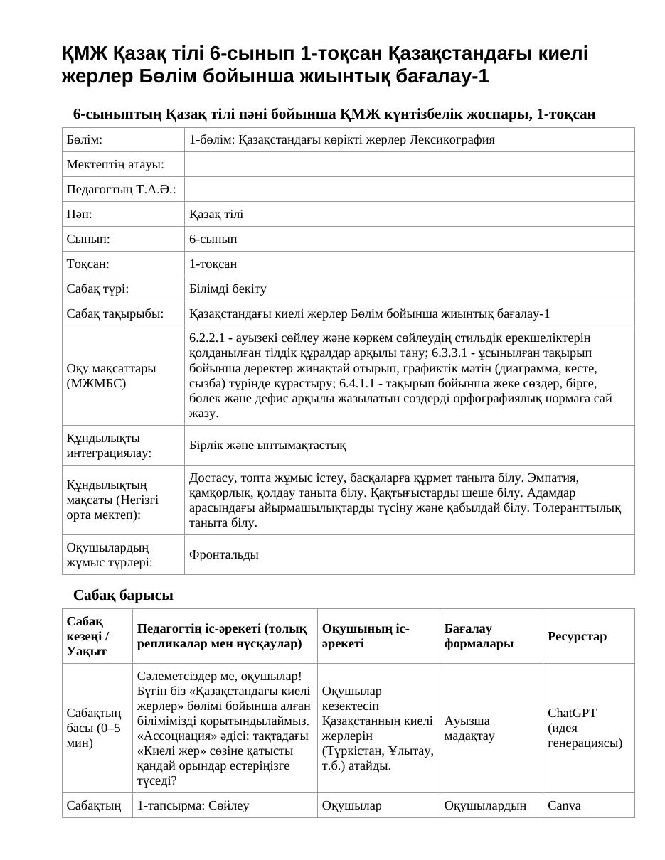 ҚМЖ Қазақ тілі 6-сынып 1-тоқсан Қазақстандағы киелі жерлер Бөлім бойынша жиынтық бағалау-1