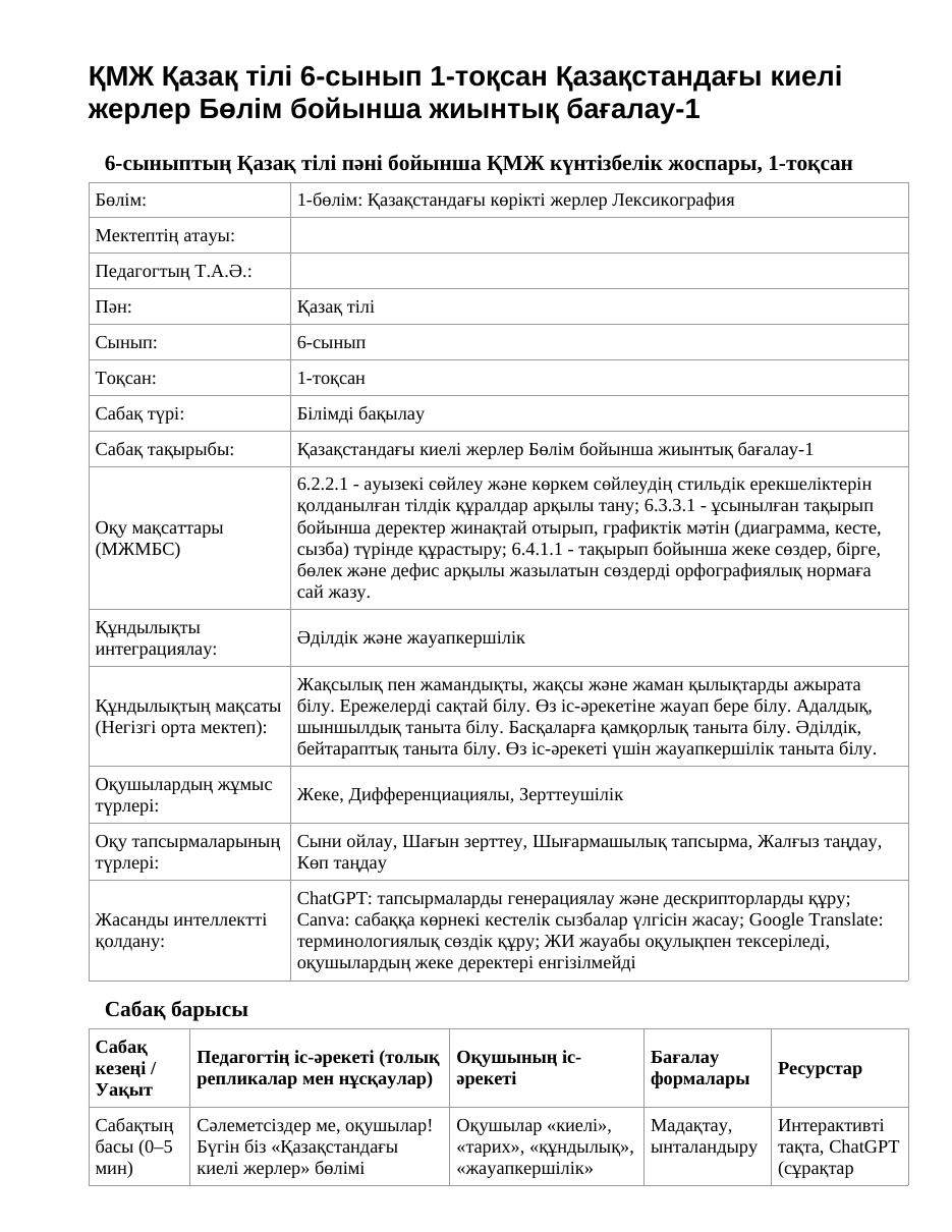ҚМЖ Қазақ тілі 6-сынып 1-тоқсан Қазақстандағы киелі жерлер Бөлім бойынша жиынтық бағалау-1
