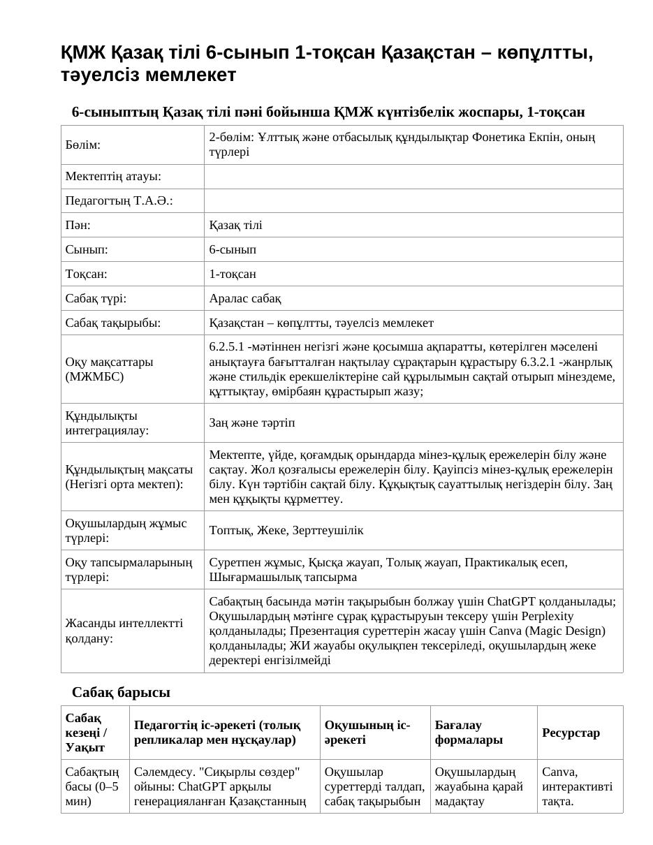 ҚМЖ Қазақ тілі 6-сынып 1-тоқсан Қазақстан – көпұлтты, тәуелсіз мемлекет