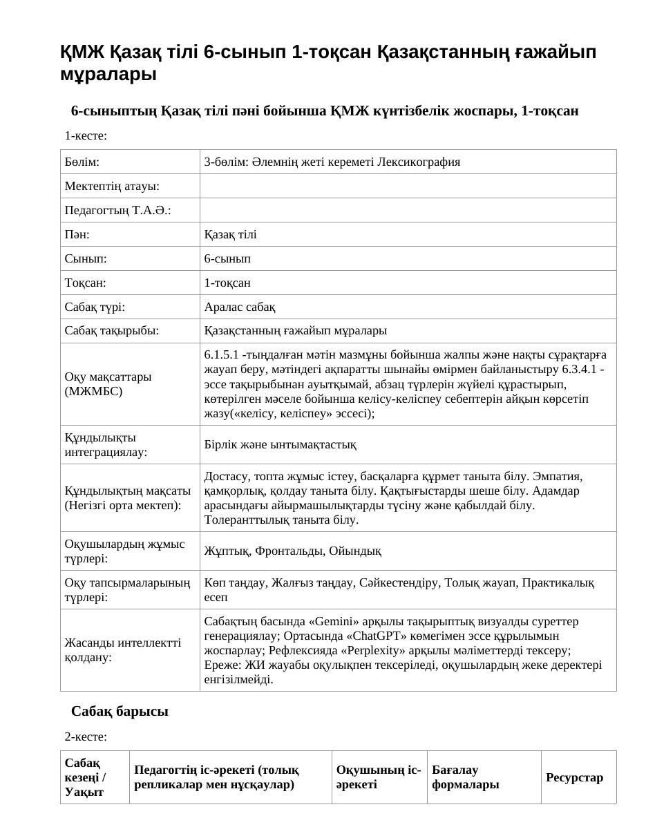 ҚМЖ Қазақ тілі 6-сынып 1-тоқсан Қазақстанның ғажайып мұралары