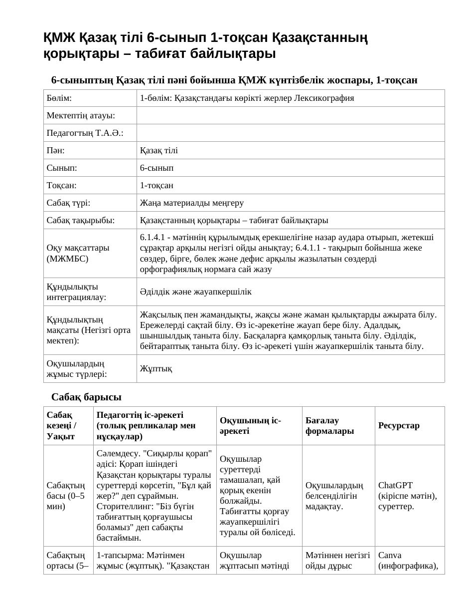 ҚМЖ Қазақ тілі 6-сынып 1-тоқсан Қазақстанның қорықтары – табиғат байлықтары
