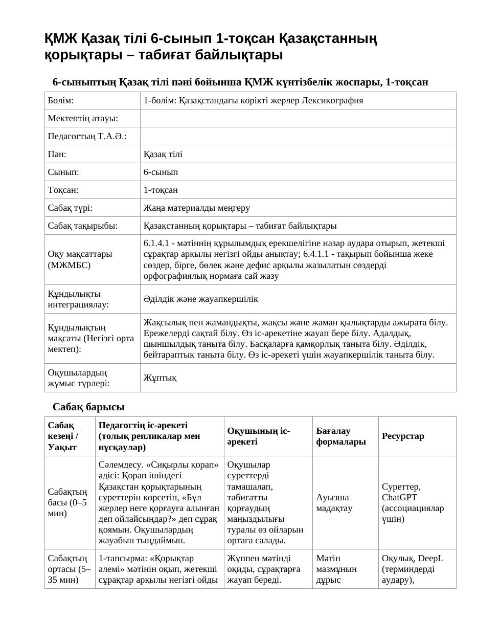 ҚМЖ Қазақ тілі 6-сынып 1-тоқсан Қазақстанның қорықтары – табиғат байлықтары