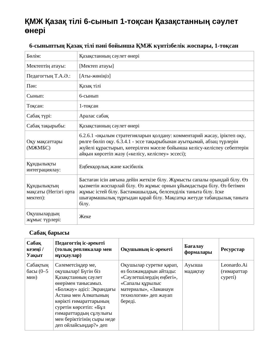 ҚМЖ Қазақ тілі 6-сынып 1-тоқсан Қазақстанның сәулет өнері