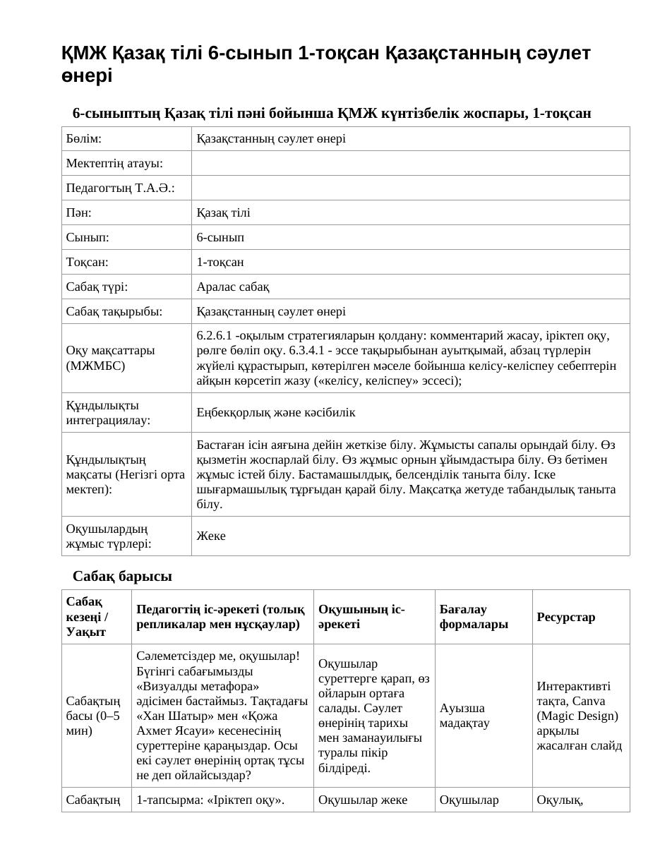 ҚМЖ Қазақ тілі 6-сынып 1-тоқсан Қазақстанның сәулет өнері