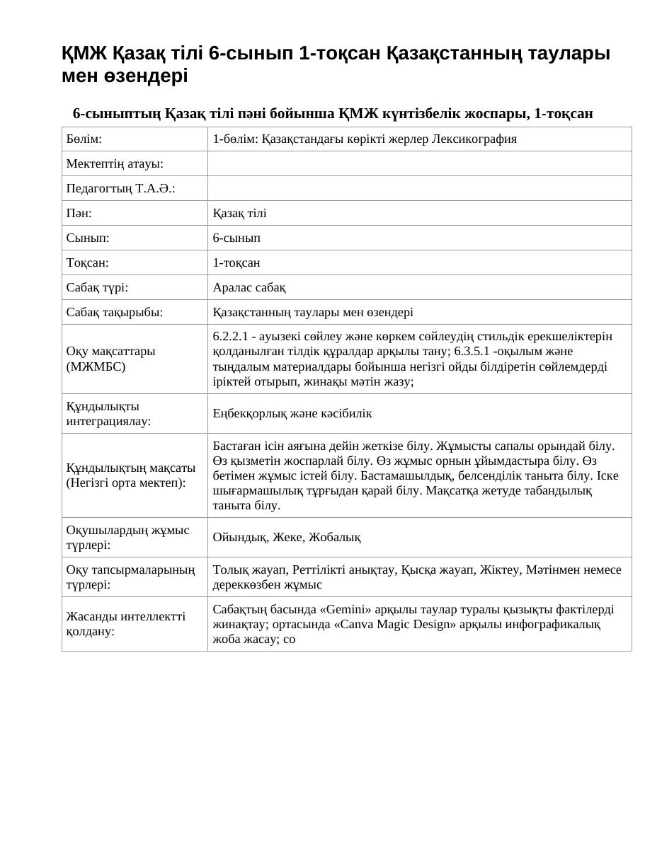 ҚМЖ Қазақ тілі 6-сынып 1-тоқсан Қазақстанның таулары мен өзендері