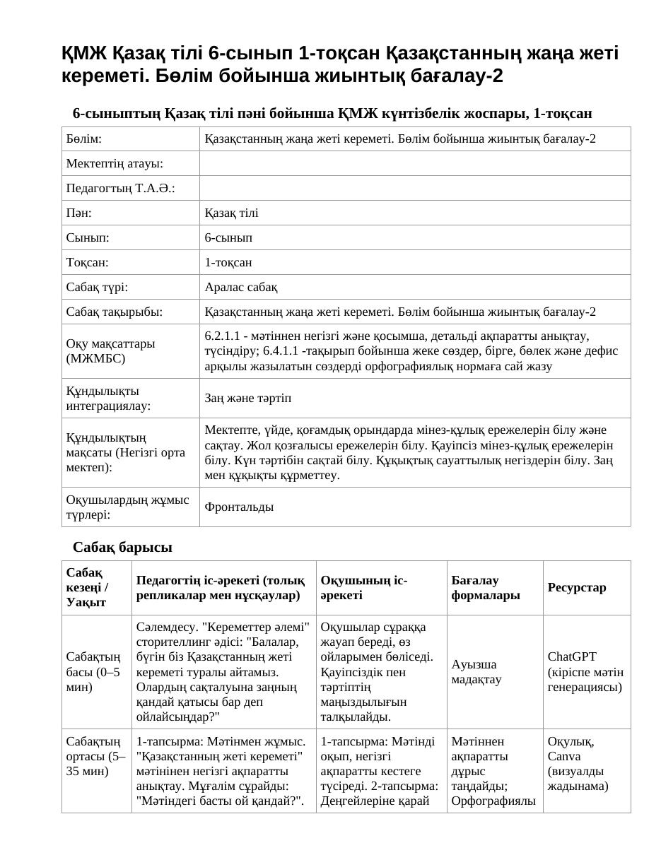 ҚМЖ Қазақ тілі 6-сынып 1-тоқсан Қазақстанның жаңа жеті кереметі. Бөлім бойынша жиынтық бағалау-2