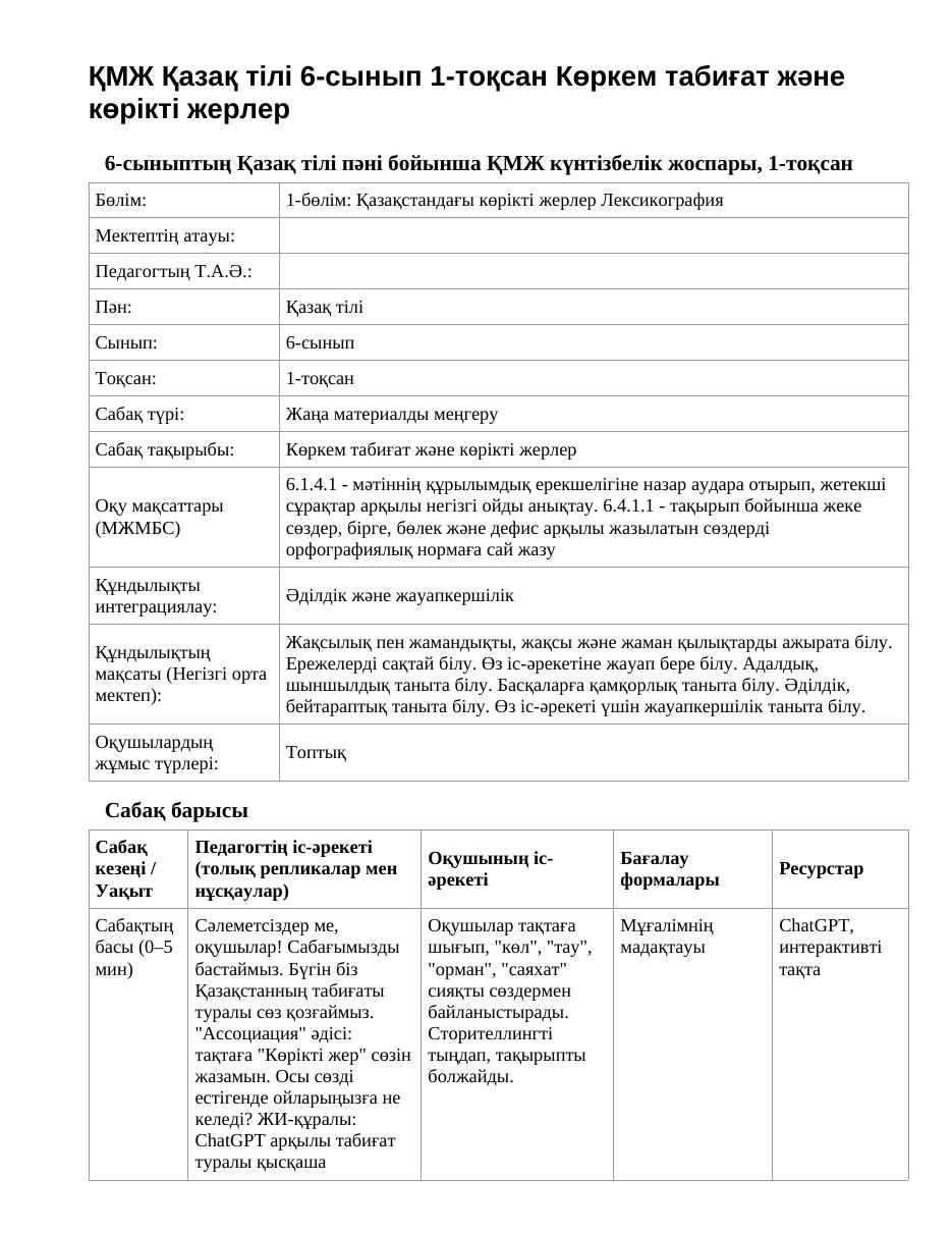 ҚМЖ Қазақ тілі 6-сынып 1-тоқсан Көркем табиғат және көрікті жерлер