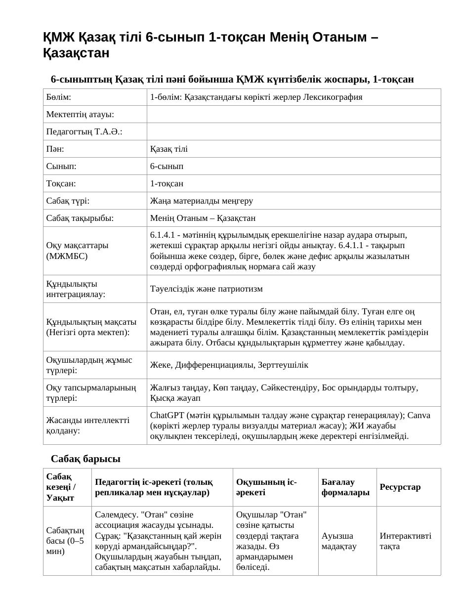 ҚМЖ Қазақ тілі 6-сынып 1-тоқсан Менің Отаным – Қазақстан