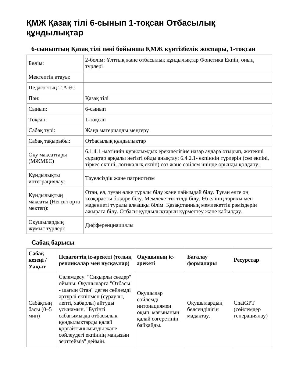 ҚМЖ Қазақ тілі 6-сынып 1-тоқсан Отбасылық құндылықтар