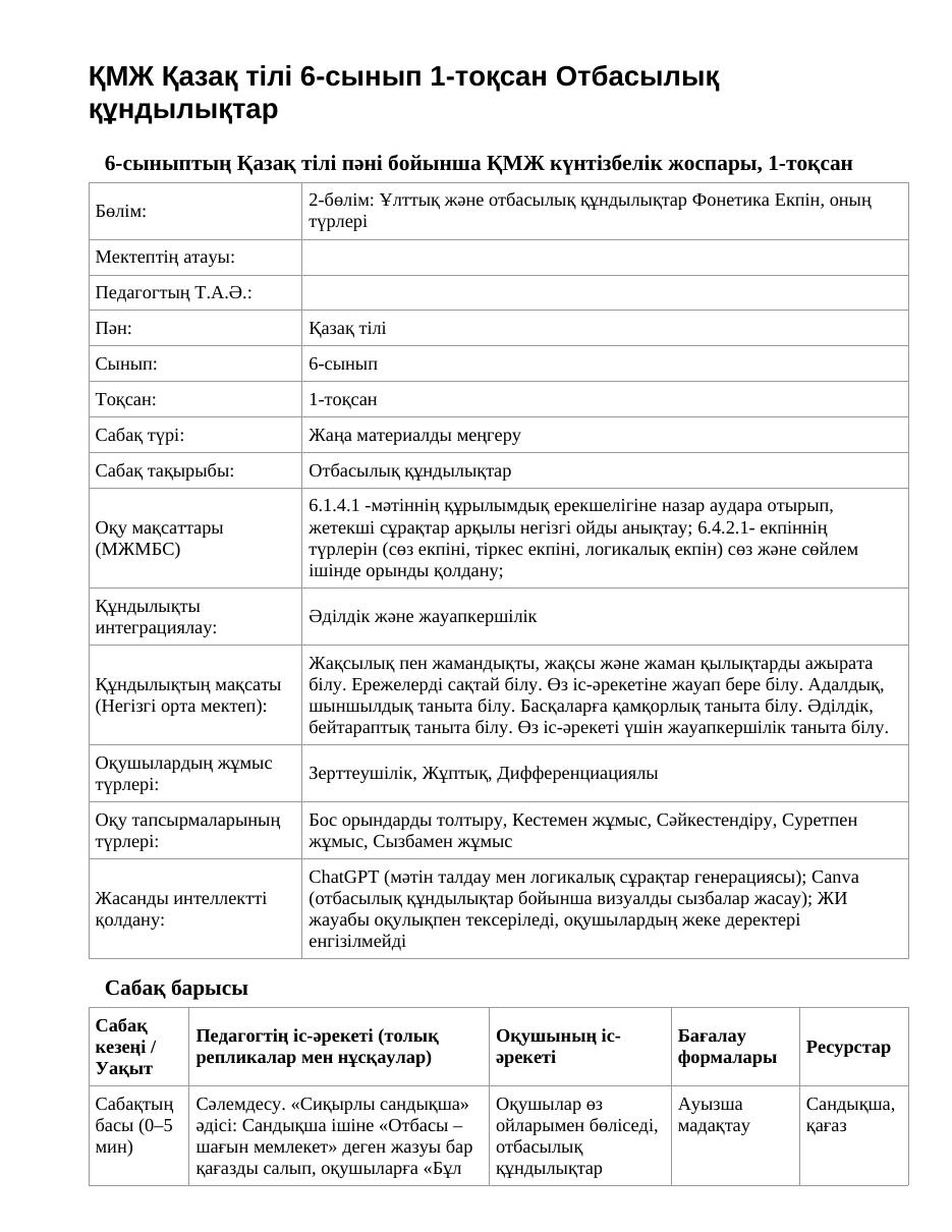ҚМЖ Қазақ тілі 6-сынып 1-тоқсан Отбасылық құндылықтар