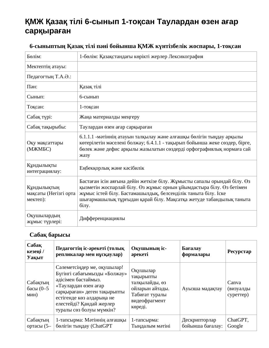 ҚМЖ Қазақ тілі 6-сынып 1-тоқсан Таулардан өзен ағар сарқыраған