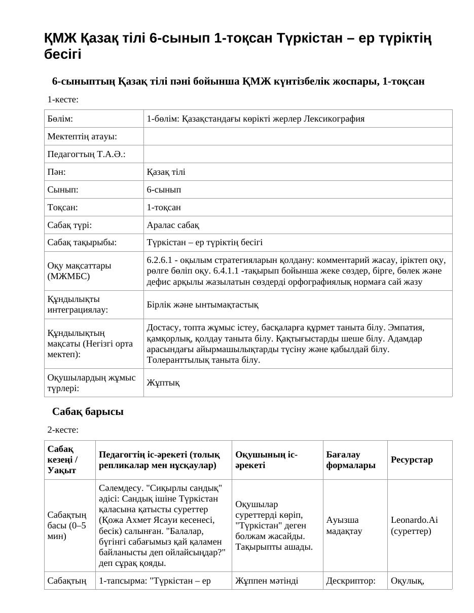 ҚМЖ Қазақ тілі 6-сынып 1-тоқсан Түркістан – ер түріктің бесігі