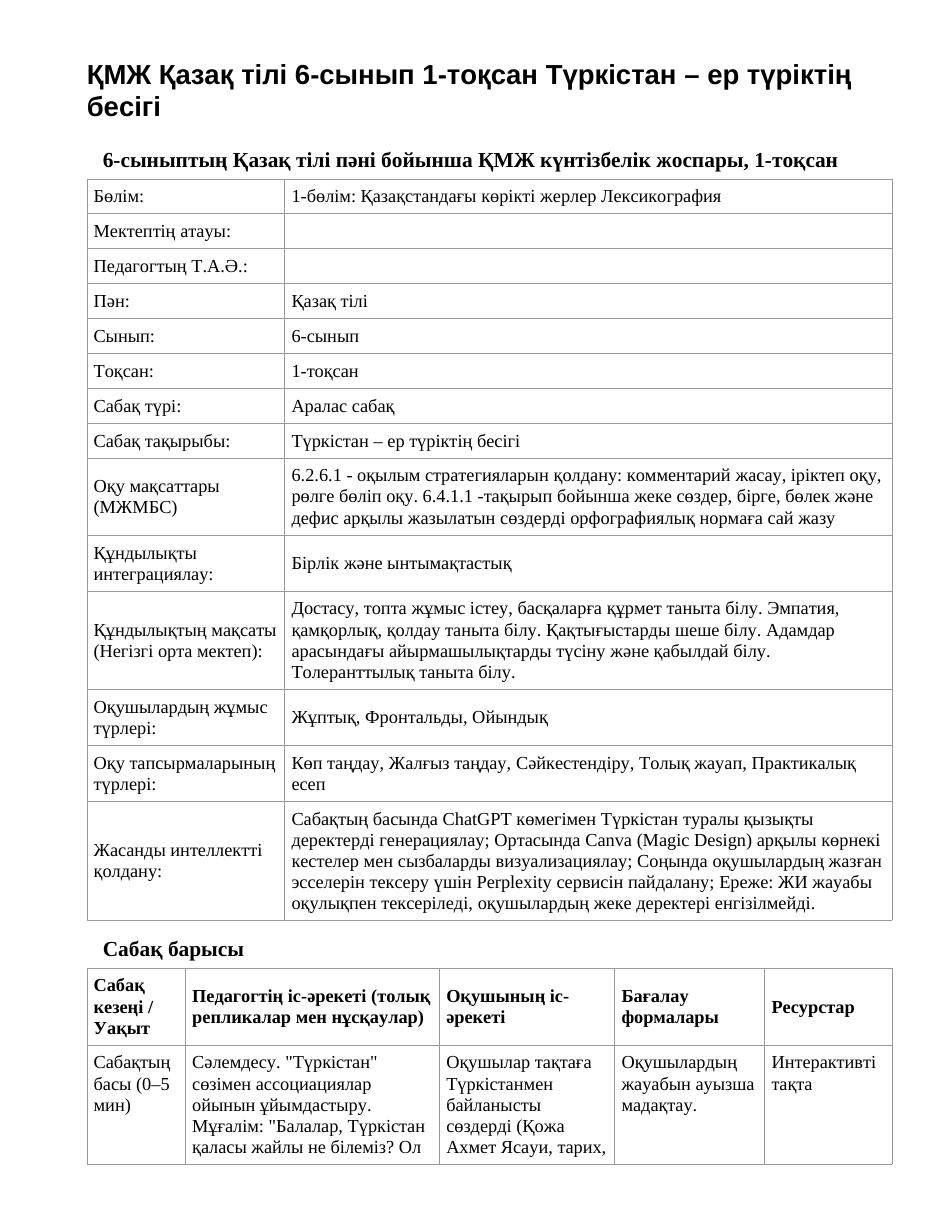ҚМЖ Қазақ тілі 6-сынып 1-тоқсан Түркістан – ер түріктің бесігі