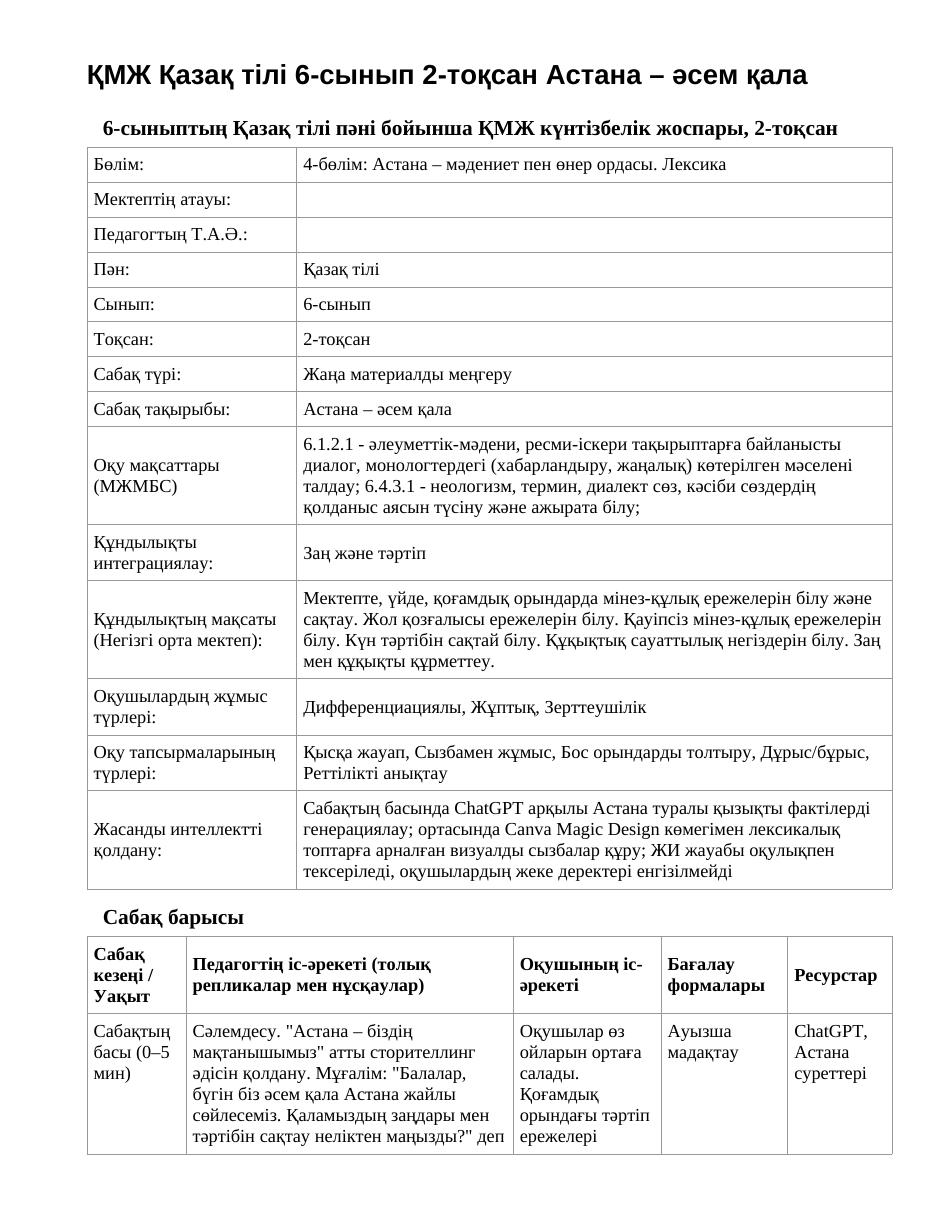 ҚМЖ Қазақ тілі 6-сынып 2-тоқсан Астана – әсем қала