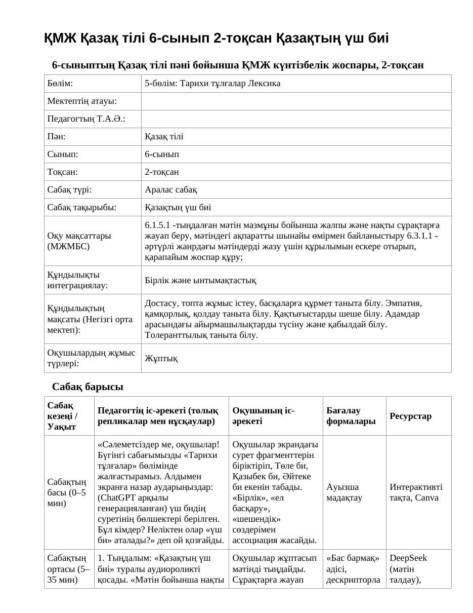 ҚМЖ Қазақ тілі 6-сынып 2-тоқсан Қазақтың үш биі