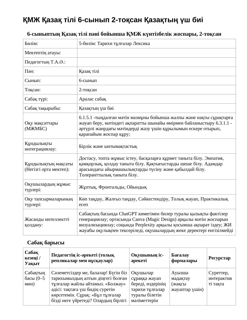 ҚМЖ Қазақ тілі 6-сынып 2-тоқсан Қазақтың үш биі