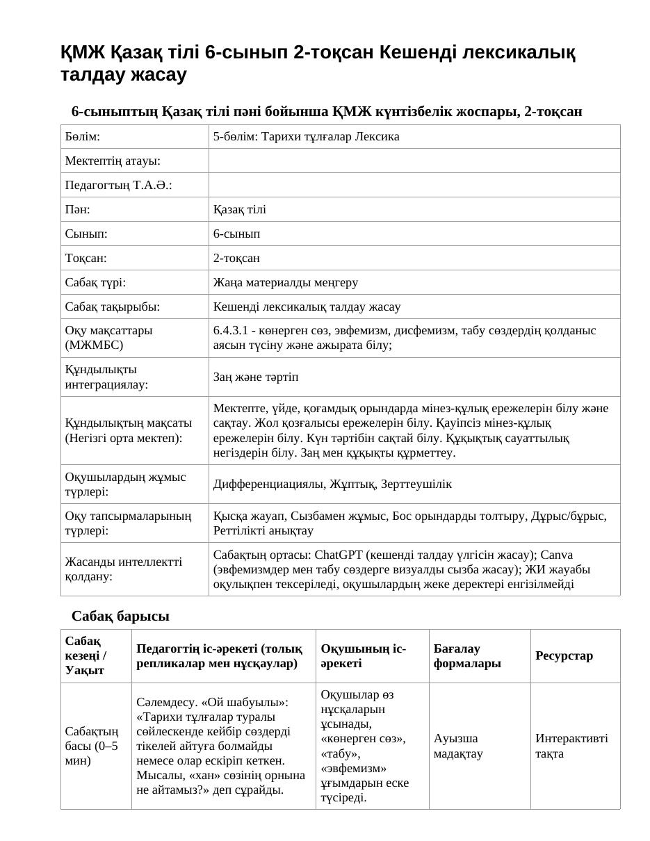 ҚМЖ Қазақ тілі 6-сынып 2-тоқсан Кешенді лексикалық талдау жасау