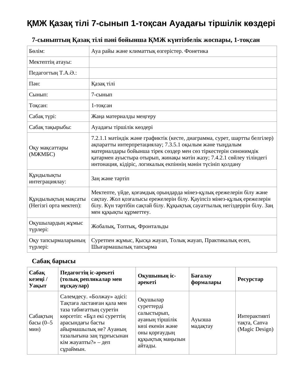 ҚМЖ Қазақ тілі 7-сынып 1-тоқсан Ауадағы тіршілік көздері