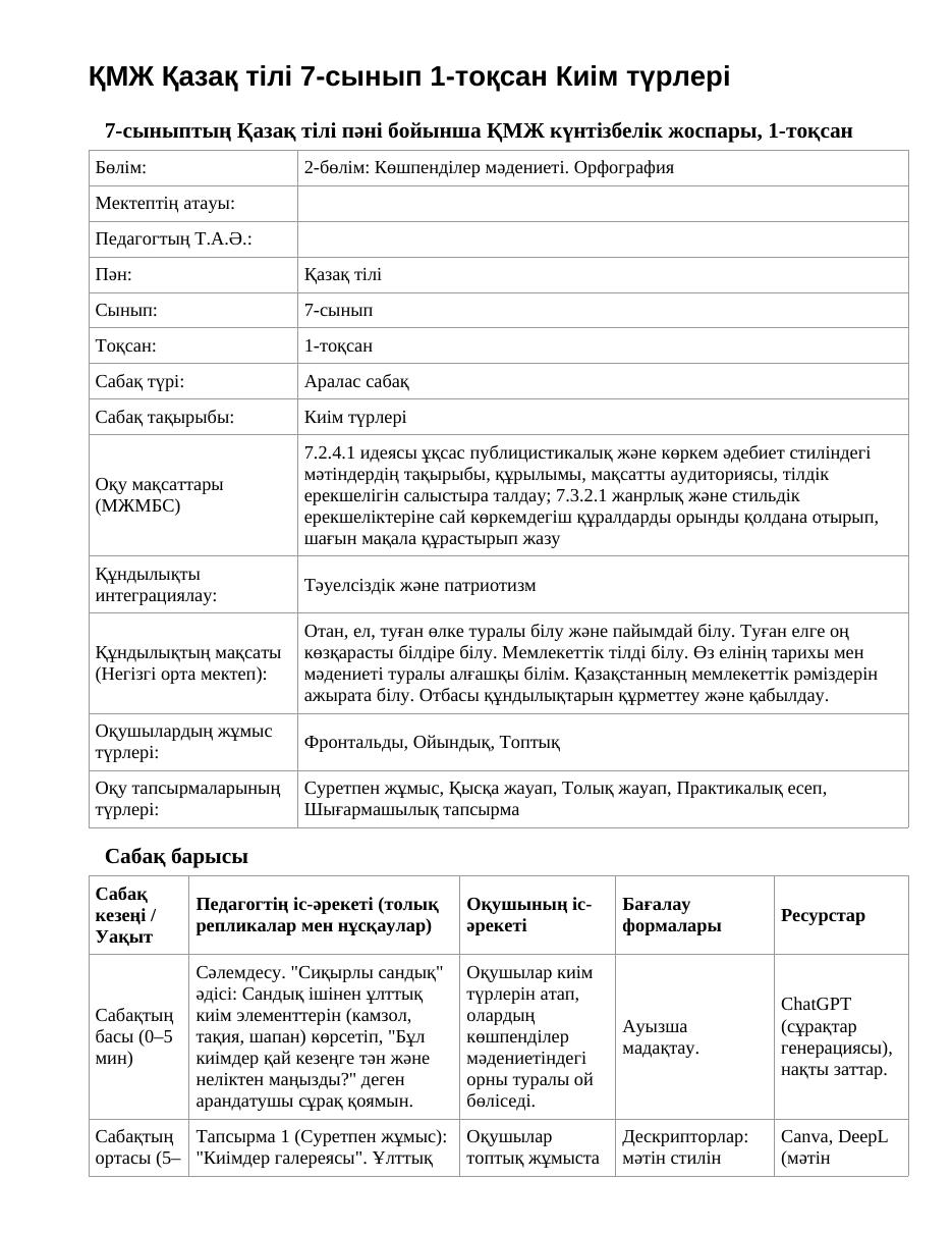 ҚМЖ Қазақ тілі 7-сынып 1-тоқсан Киім түрлері