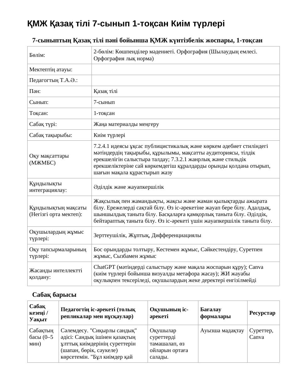 ҚМЖ Қазақ тілі 7-сынып 1-тоқсан Киім түрлері