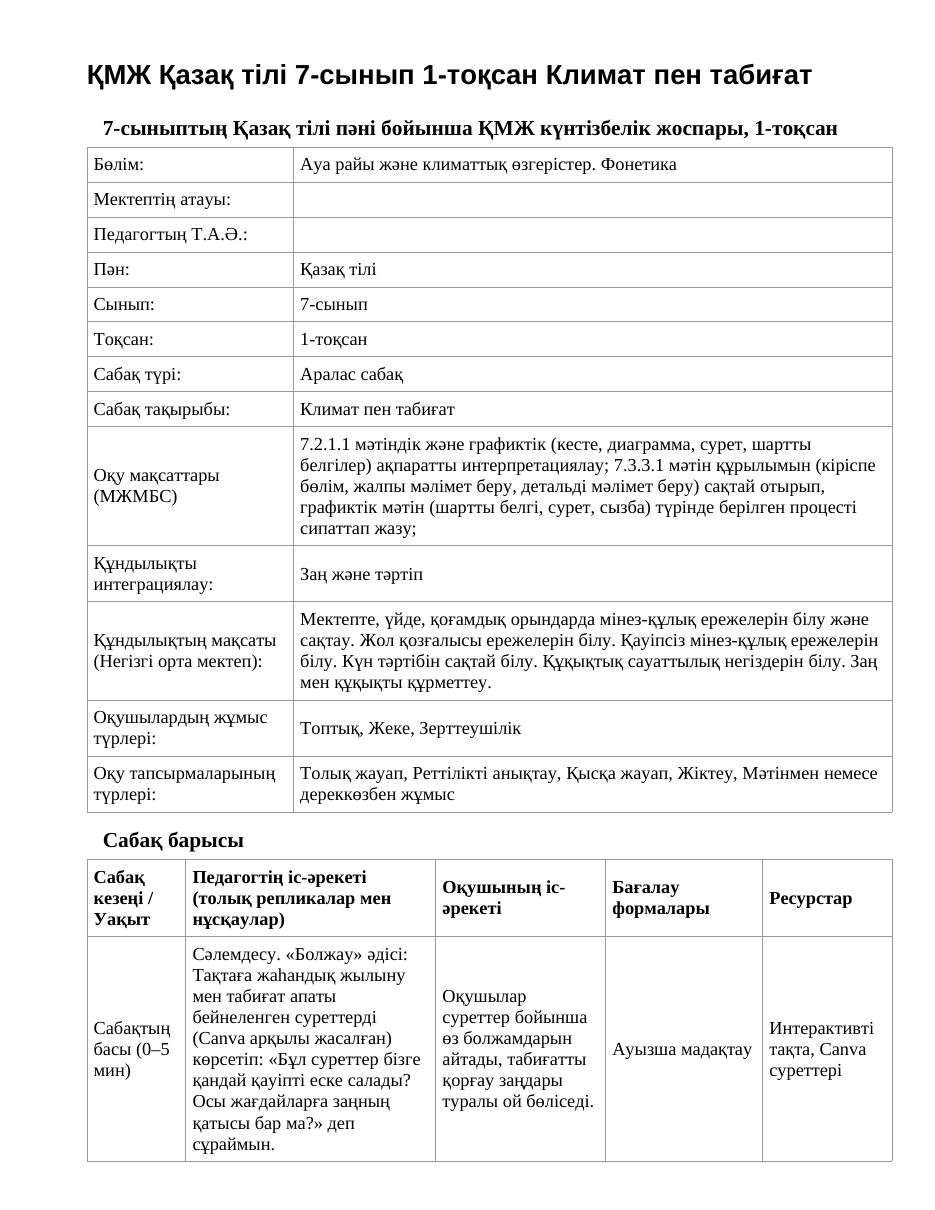 ҚМЖ Қазақ тілі 7-сынып 1-тоқсан Климат пен табиғат