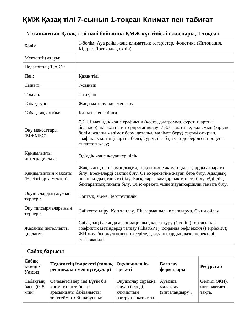 ҚМЖ Қазақ тілі 7-сынып 1-тоқсан Климат пен табиғат