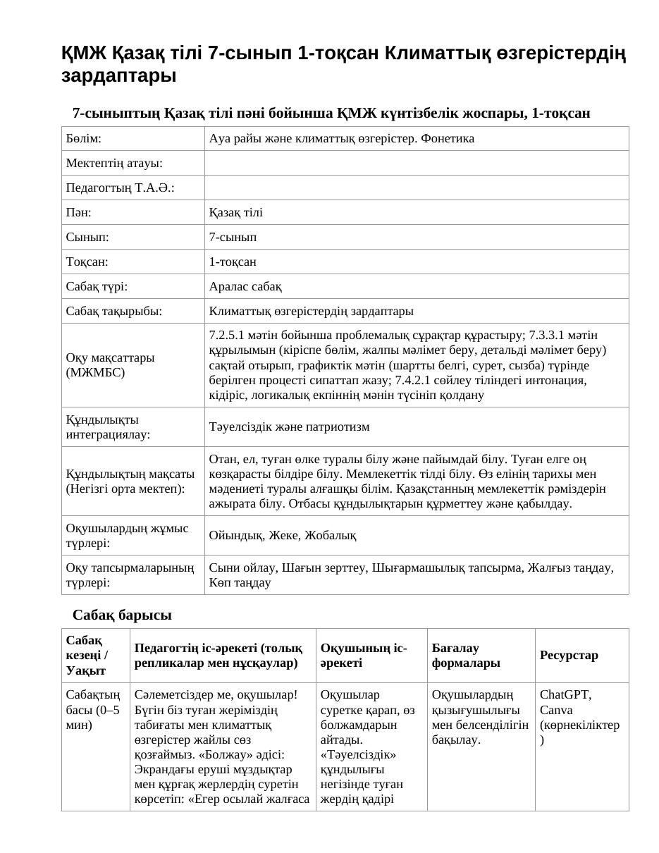 ҚМЖ Қазақ тілі 7-сынып 1-тоқсан Климаттық өзгерістердің зардаптары