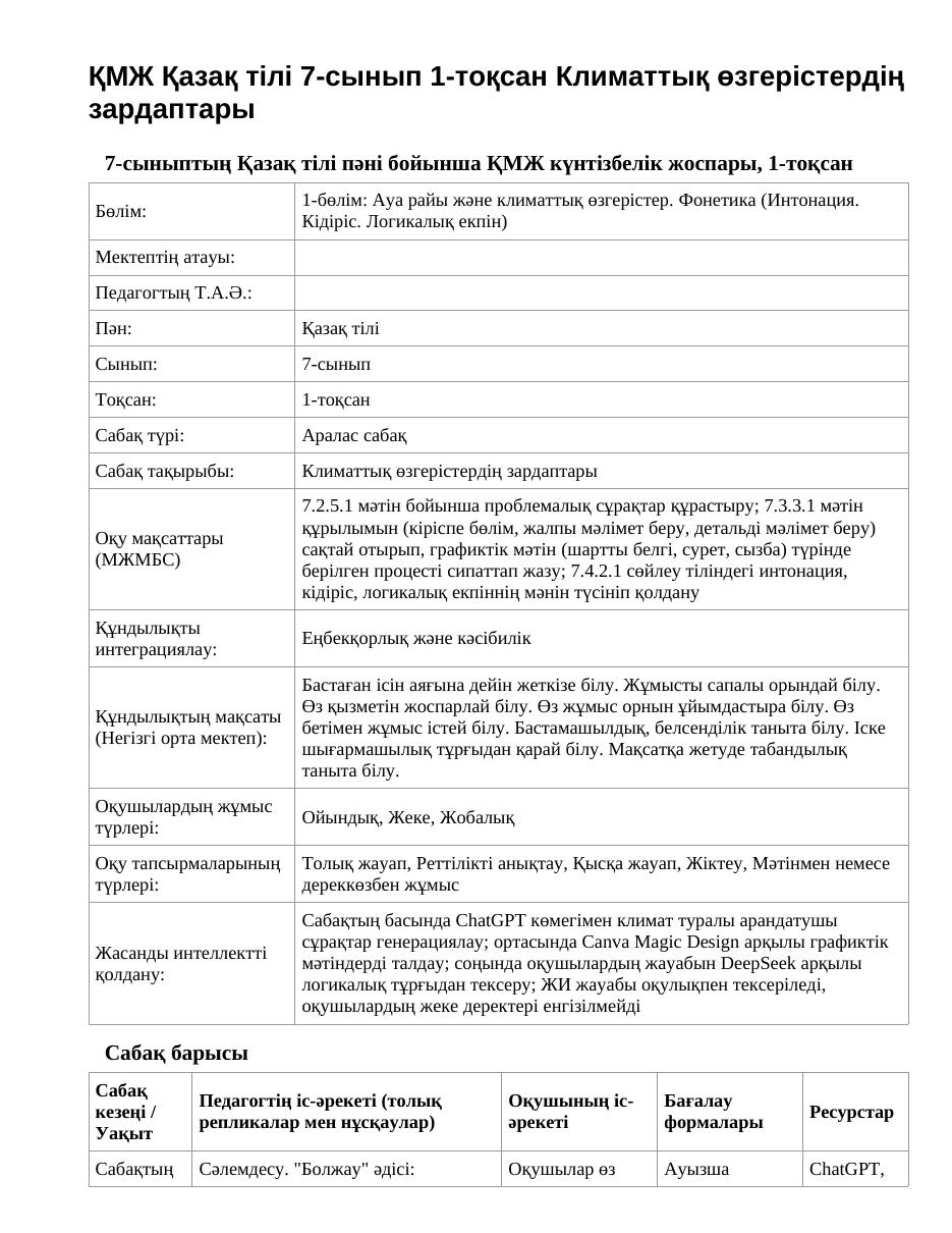 ҚМЖ Қазақ тілі 7-сынып 1-тоқсан Климаттық өзгерістердің зардаптары