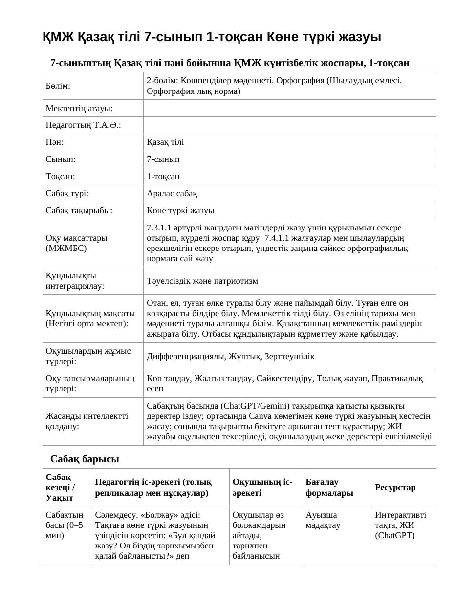 ҚМЖ Қазақ тілі 7-сынып 1-тоқсан Көне түркі жазуы