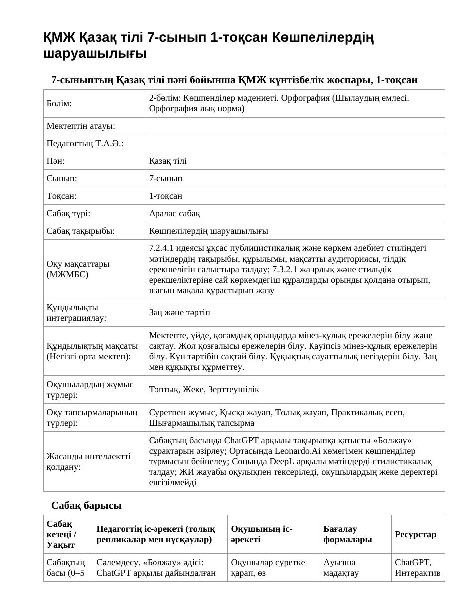 ҚМЖ Қазақ тілі 7-сынып 1-тоқсан Көшпелілердің шаруашылығы
