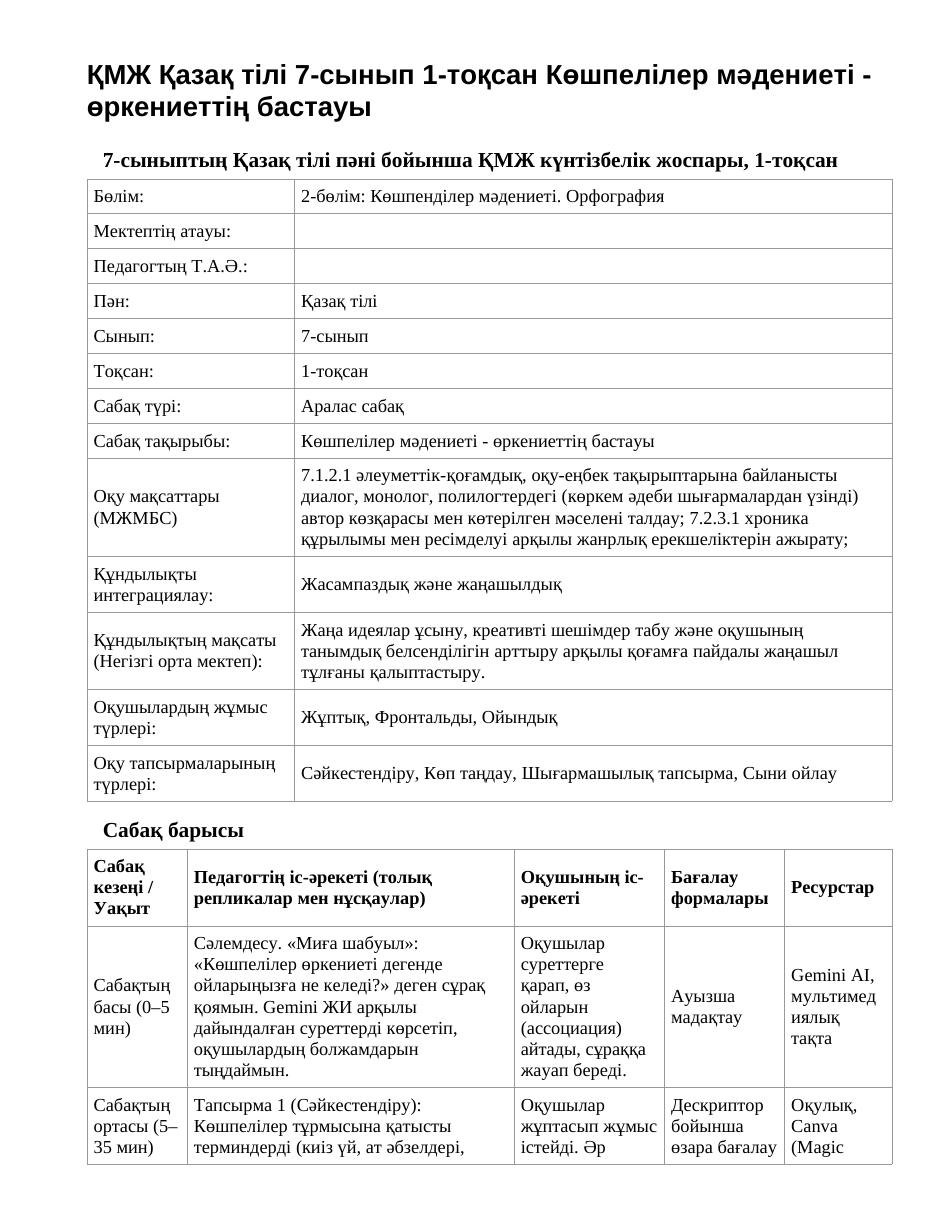 ҚМЖ Қазақ тілі 7-сынып 1-тоқсан Көшпелілер мәдениеті - өркениеттің бастауы