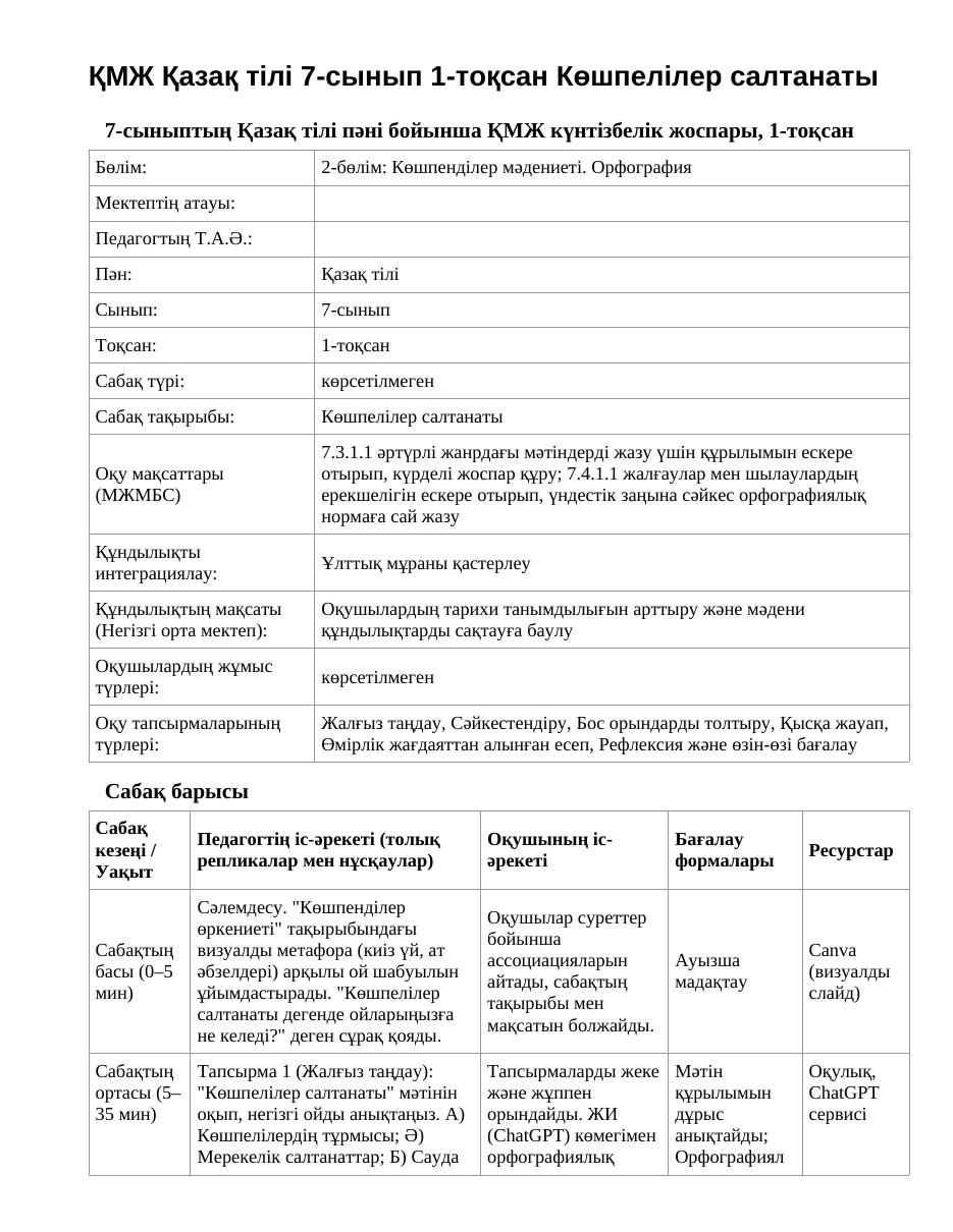ҚМЖ Қазақ тілі 7-сынып 1-тоқсан Көшпелілер салтанаты