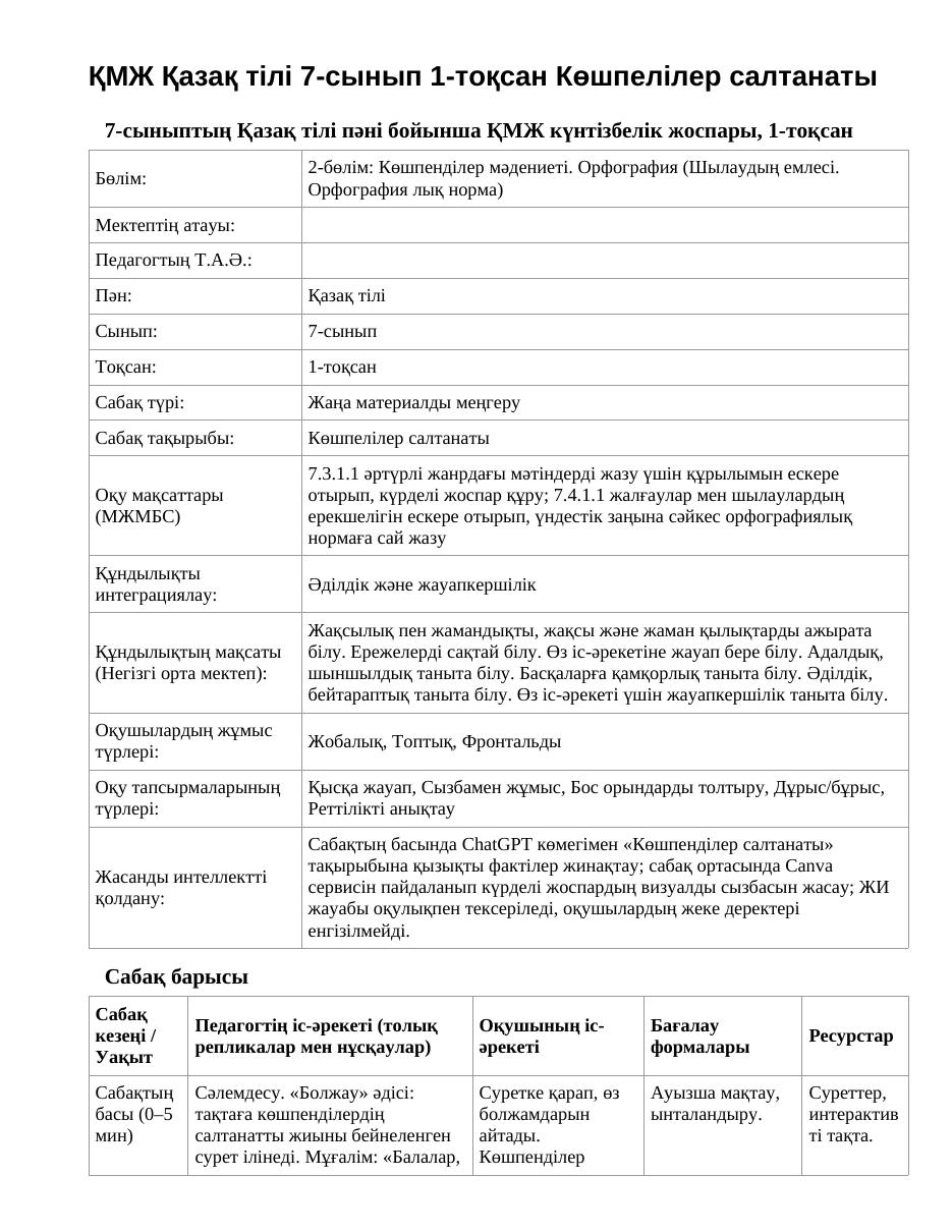 ҚМЖ Қазақ тілі 7-сынып 1-тоқсан Көшпелілер салтанаты