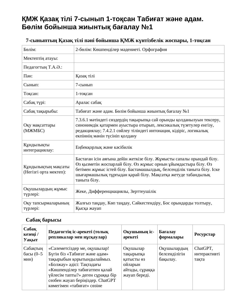 ҚМЖ Қазақ тілі 7-сынып 1-тоқсан Табиғат және адам. Бөлім бойынша жиынтық бағалау №1