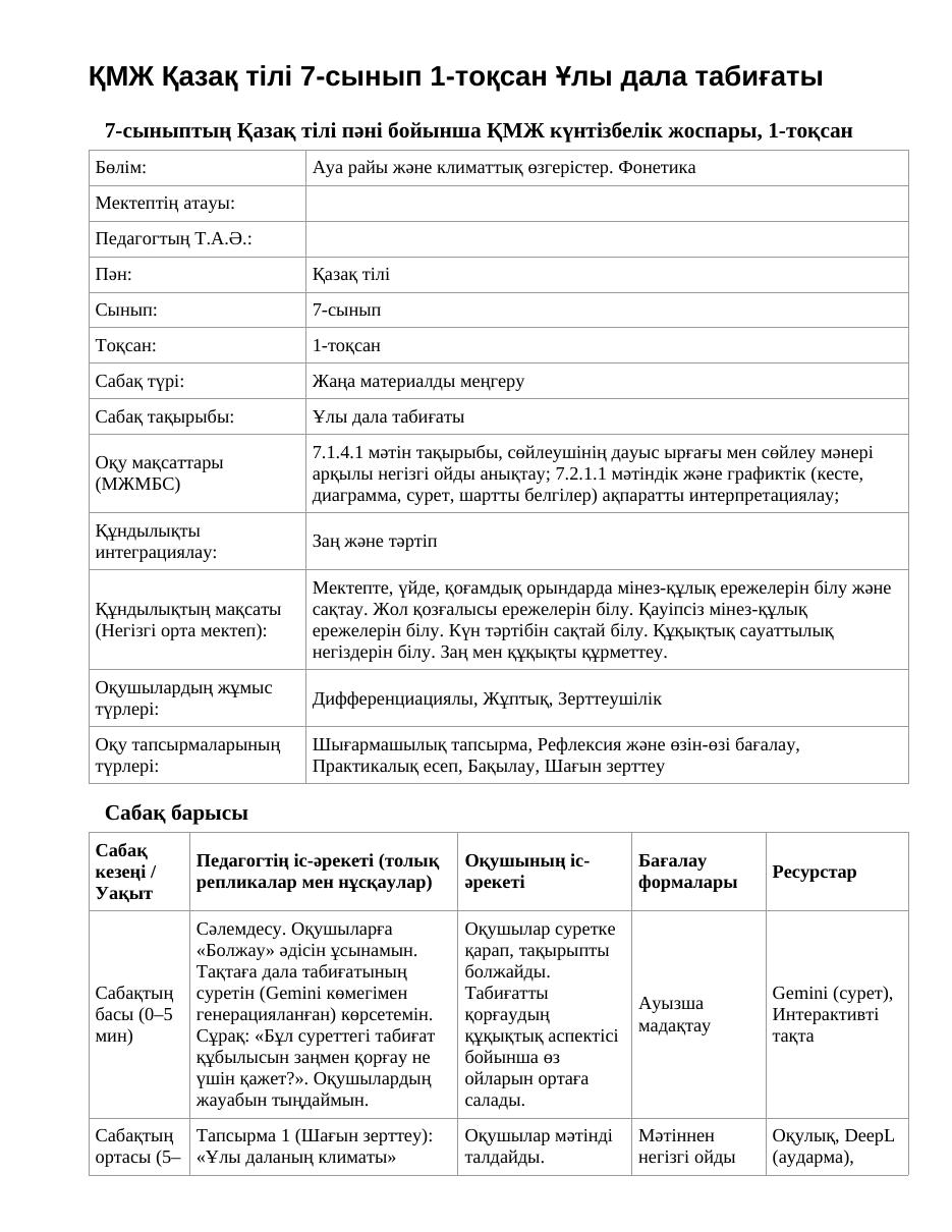 ҚМЖ Қазақ тілі 7-сынып 1-тоқсан Ұлы дала табиғаты