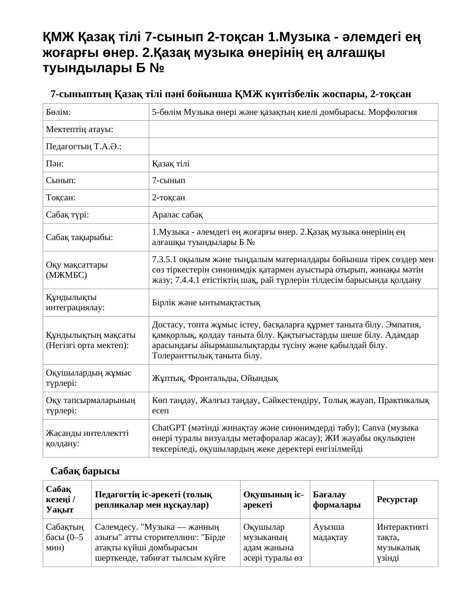 ҚМЖ Қазақ тілі 7-сынып 2-тоқсан 1.Музыка - әлемдегі ең жоғарғы өнер. 2.Қазақ музыка өнерінің ең алғашқы туындылары Б №