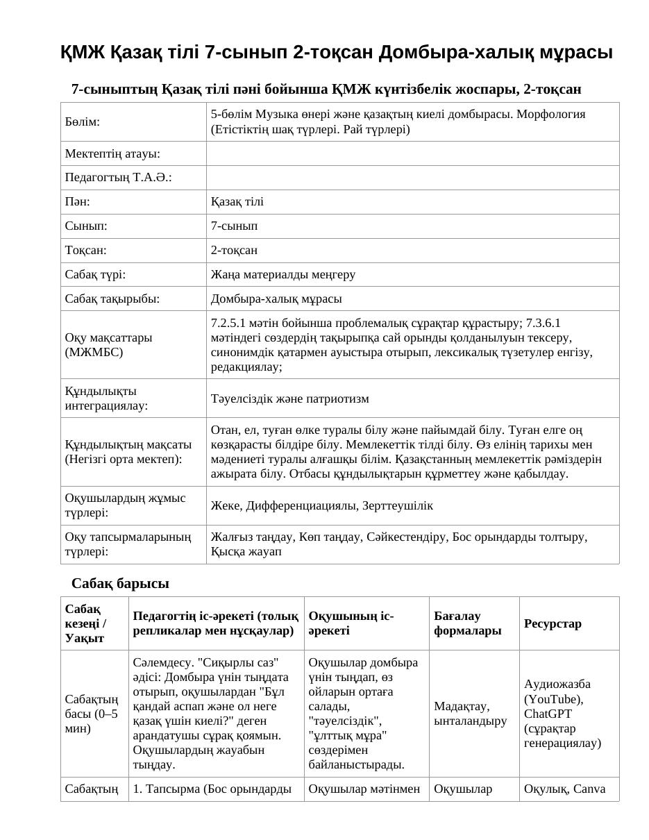 ҚМЖ Қазақ тілі 7-сынып 2-тоқсан Домбыра-халық мұрасы