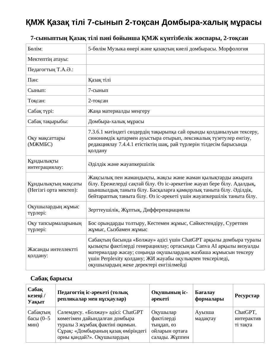 ҚМЖ Қазақ тілі 7-сынып 2-тоқсан Домбыра-халық мұрасы