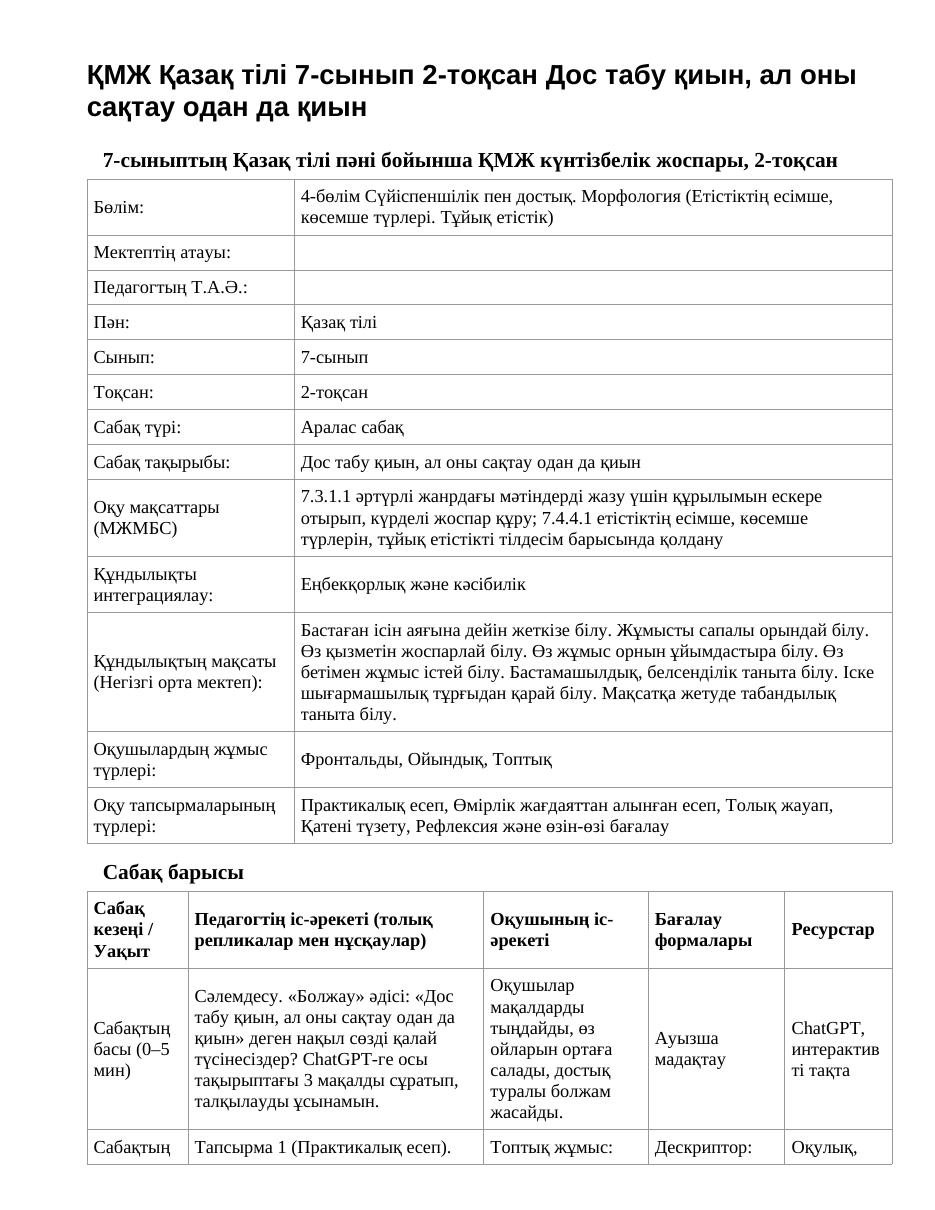 ҚМЖ Қазақ тілі 7-сынып 2-тоқсан Дос табу қиын, ал оны сақтау одан да қиын