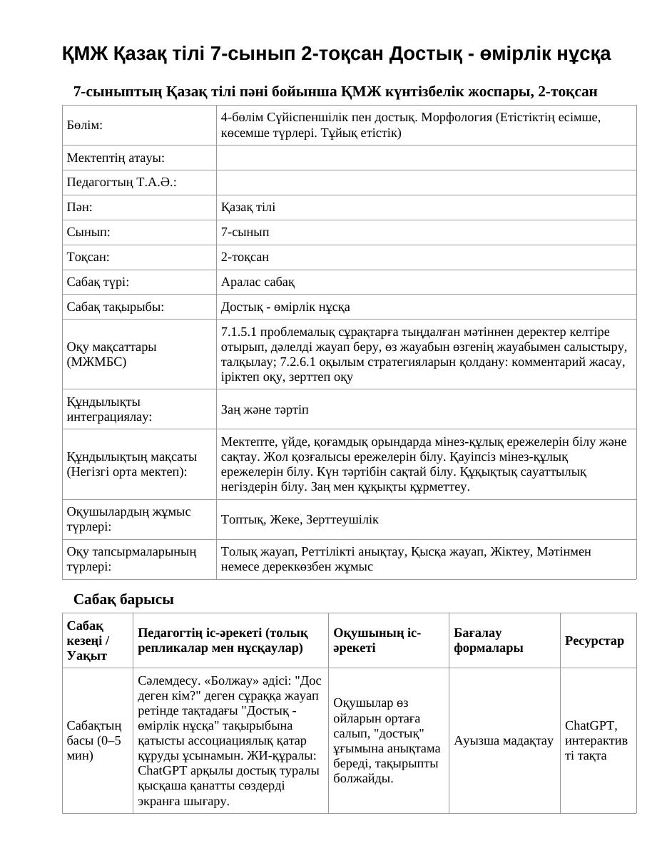 ҚМЖ Қазақ тілі 7-сынып 2-тоқсан Достық - өмірлік нұсқа